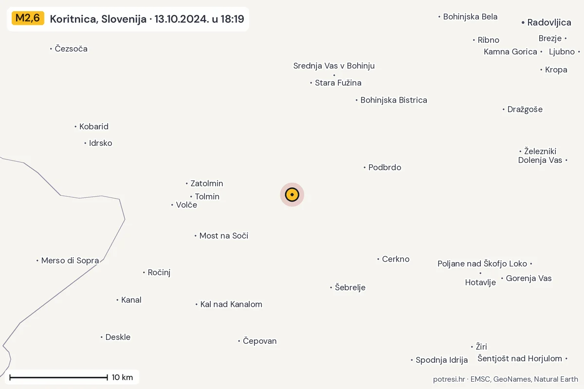 Karta: okolica epicentra, 60 km, potres M2,6, Koritnica, Slovenija, 13.10.2024.