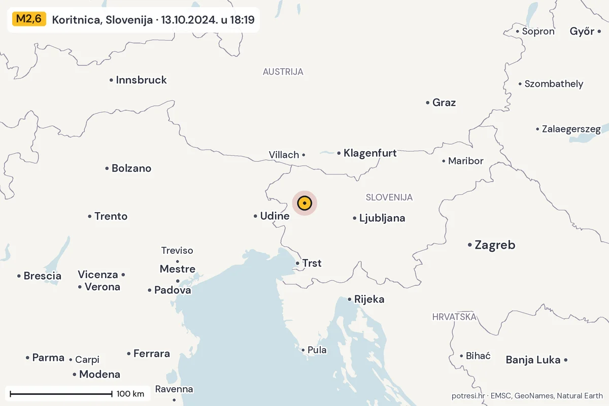 Karta: šire područje, 600 km, potres M2,6, Koritnica, Slovenija, 13.10.2024.