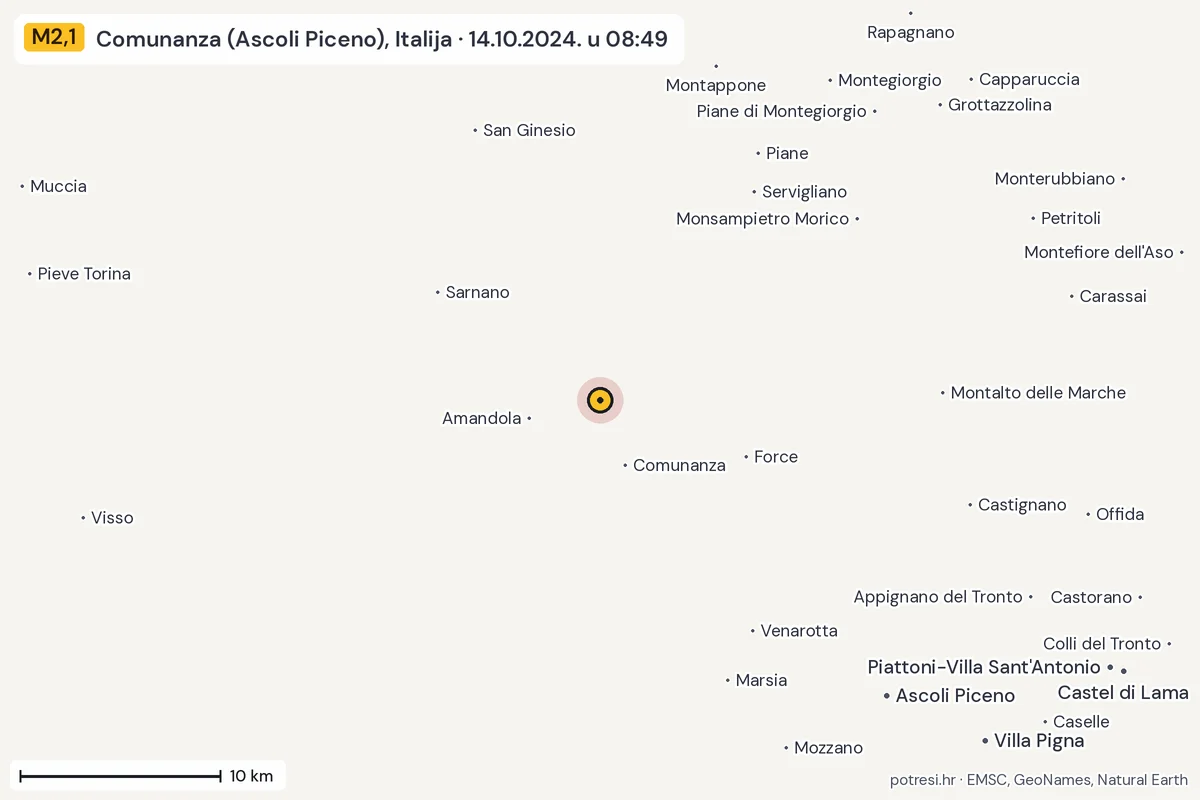 Karta: okolica epicentra, 60 km, potres M2,1, Comunanza (Ascoli Piceno), Italija, 14.10.2024.