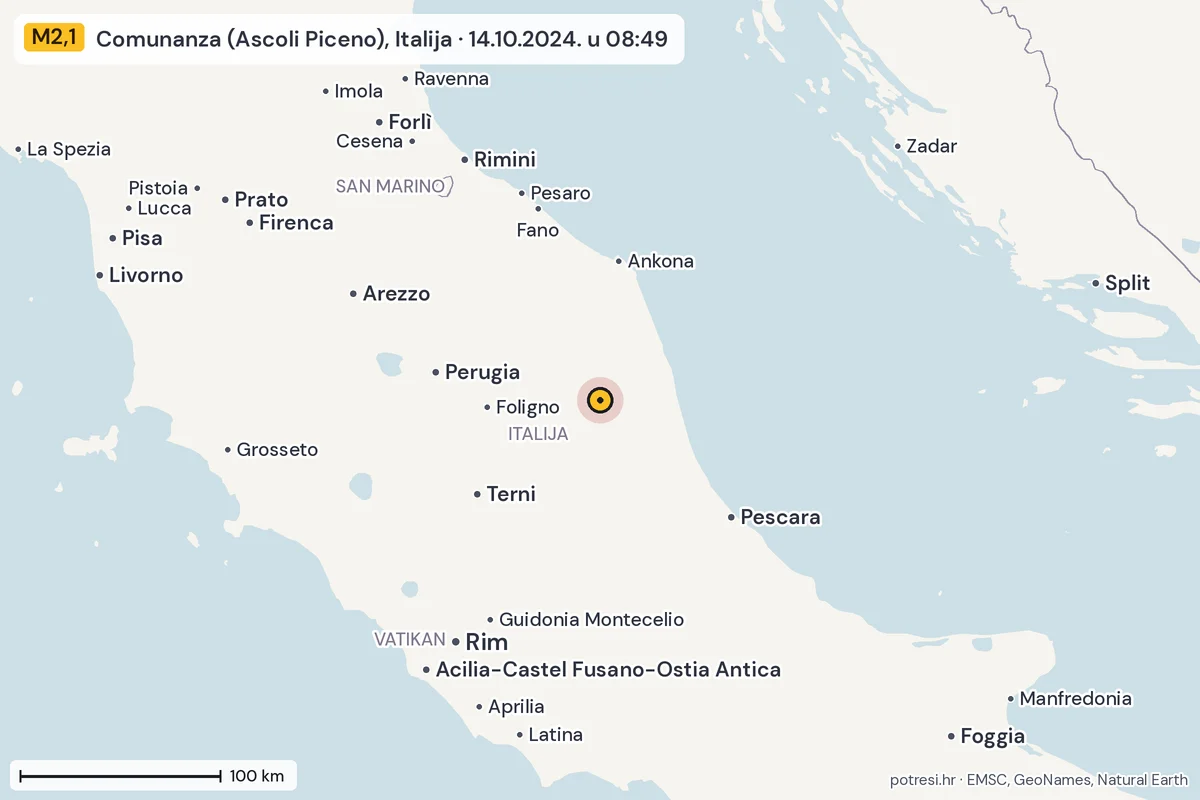 Karta: šire područje, 600 km, potres M2,1, Comunanza (Ascoli Piceno), Italija, 14.10.2024.