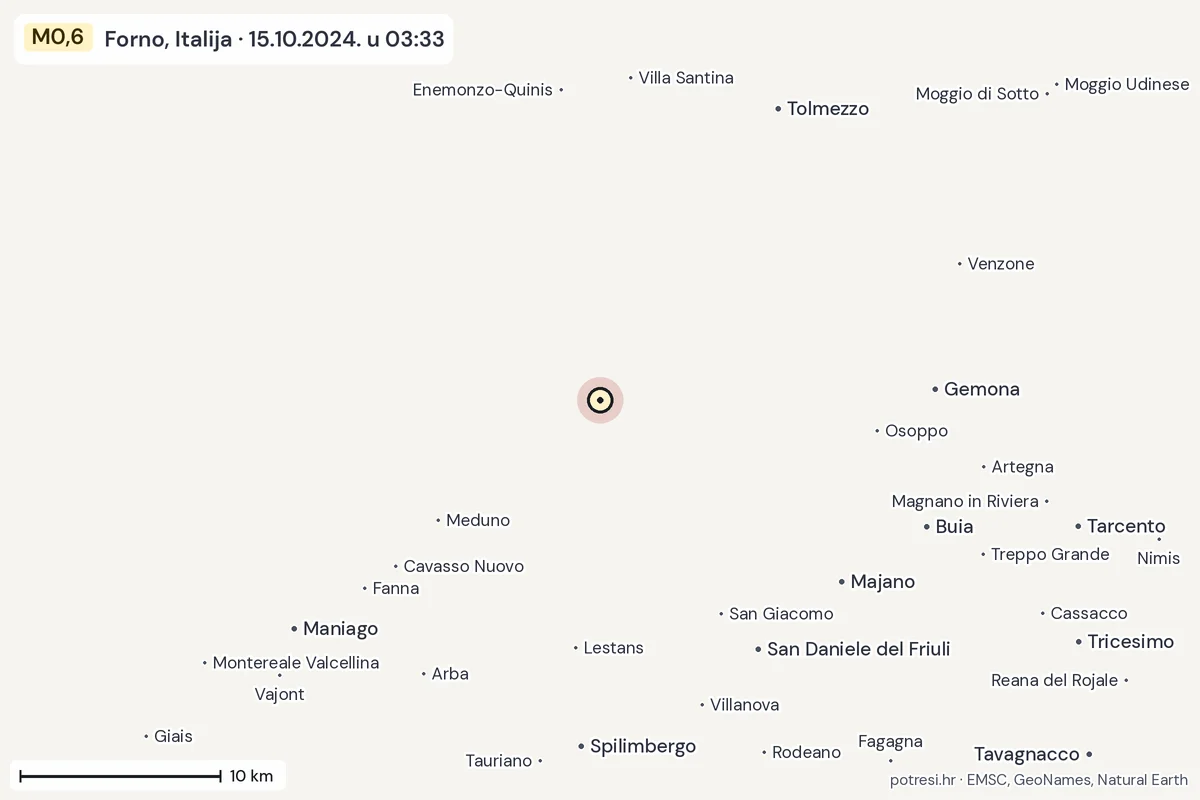 Karta: okolica epicentra, 60 km, potres M0,6, Forno, Italija, 15.10.2024.