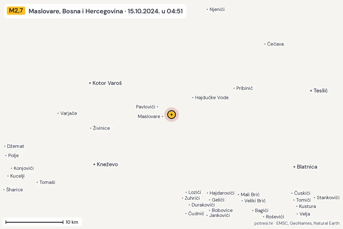 Karta: okolica epicentra, 60 km, potres M2,7, Maslovare, Bosna i Hercegovina, 15.10.2024.