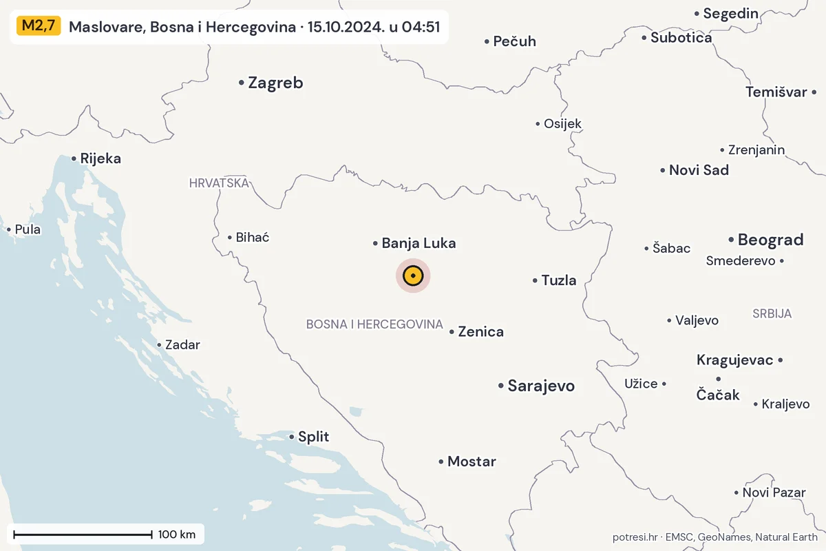 Karta: šire područje, 600 km, potres M2,7, Maslovare, Bosna i Hercegovina, 15.10.2024.