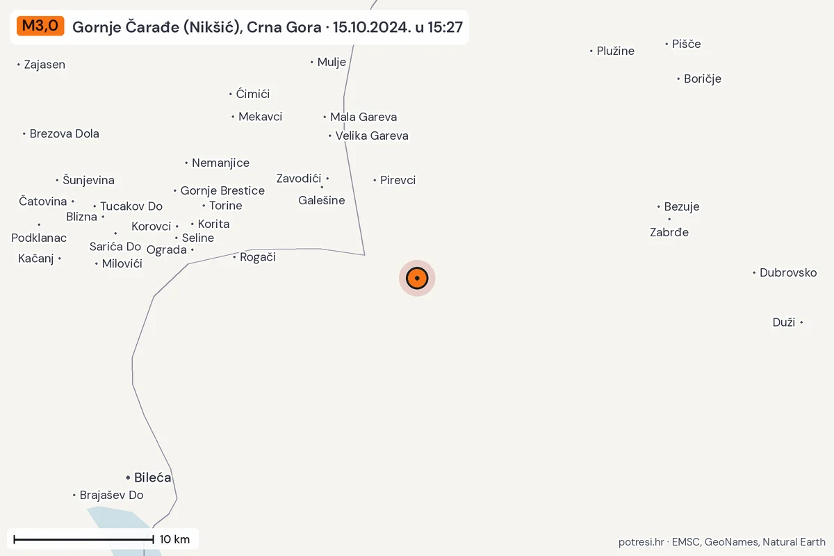 Karta: okolica epicentra, 60 km, potres M3,0, Gornje Čarađe (Nikšić), Crna Gora, 15.10.2024.