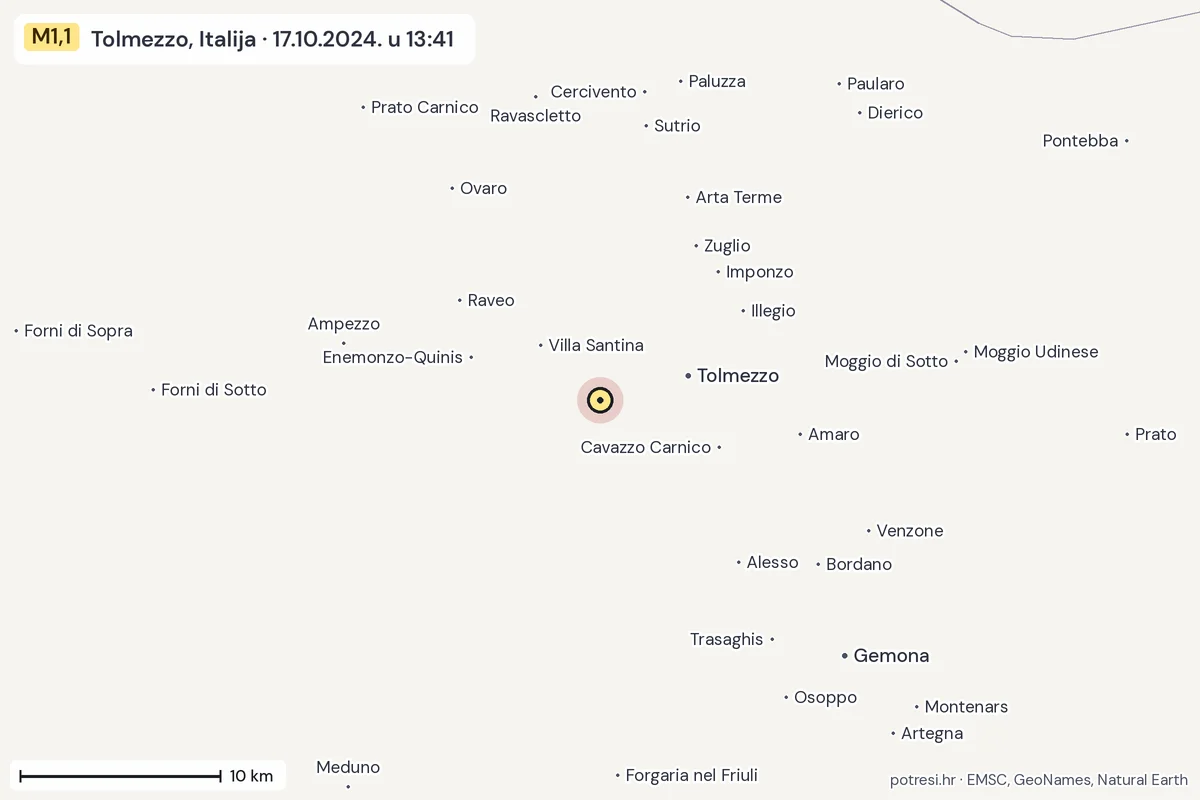 Karta: okolica epicentra, 60 km, potres M1,1, Tolmezzo, Italija, 17.10.2024.