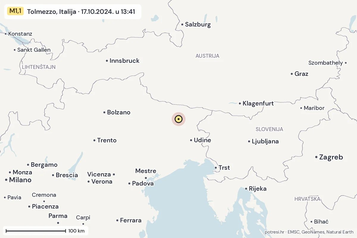 Karta: šire područje, 600 km, potres M1,1, Tolmezzo, Italija, 17.10.2024.