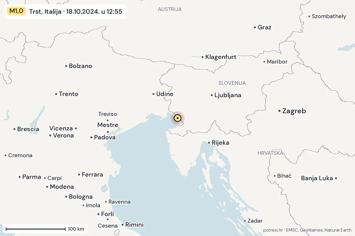 Karta: šire područje, 600 km, potres M1,0, Trst, Italija, 18.10.2024.