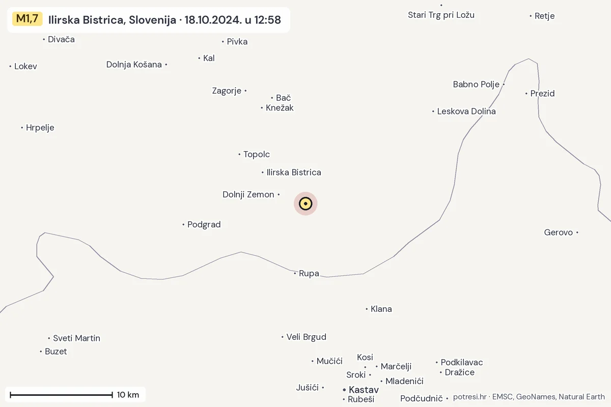 Karta: okolica epicentra, 60 km, potres M1,7, Ilirska Bistrica, Slovenija, 18.10.2024.