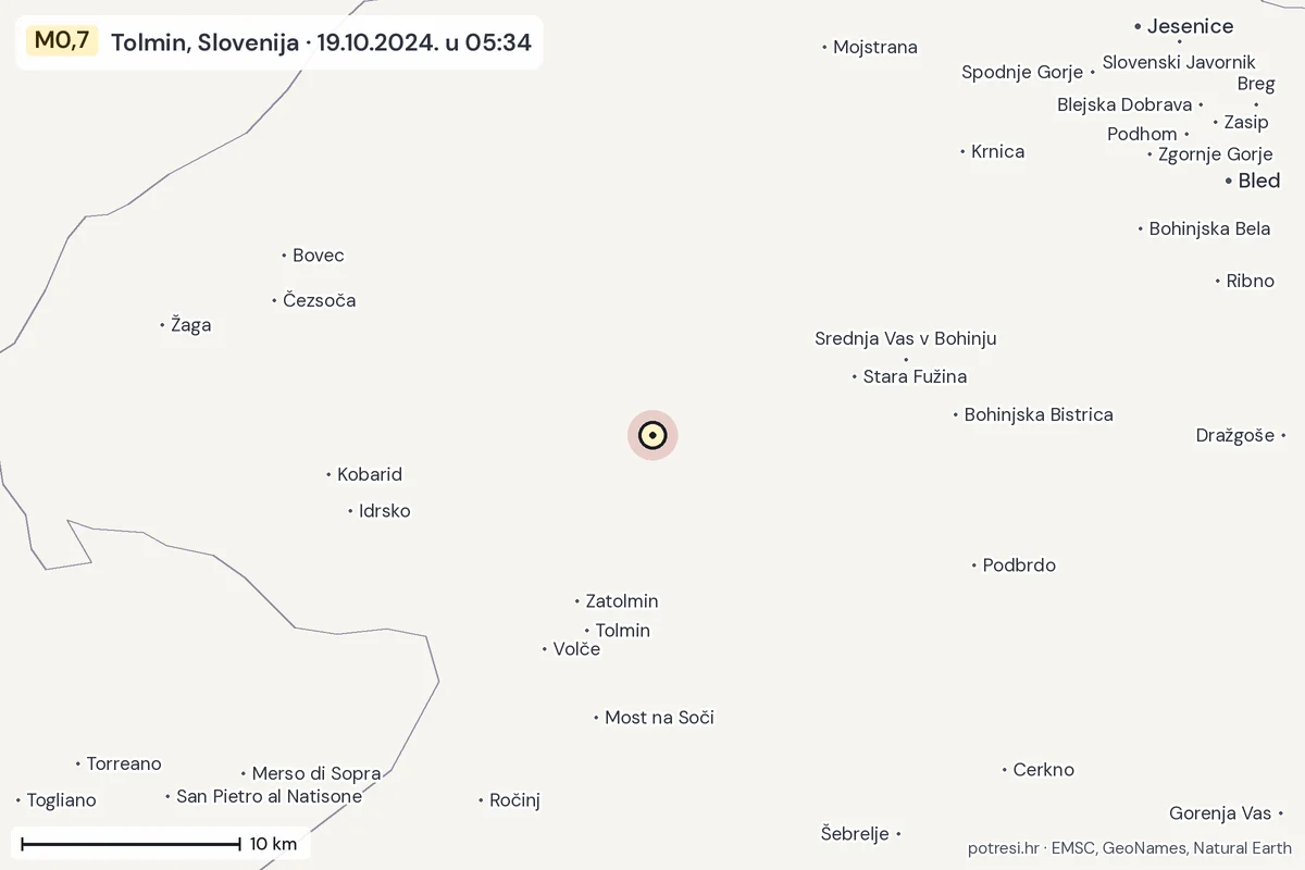 Karta: okolica epicentra, 60 km, potres M0,7, Tolmin, Slovenija, 19.10.2024.