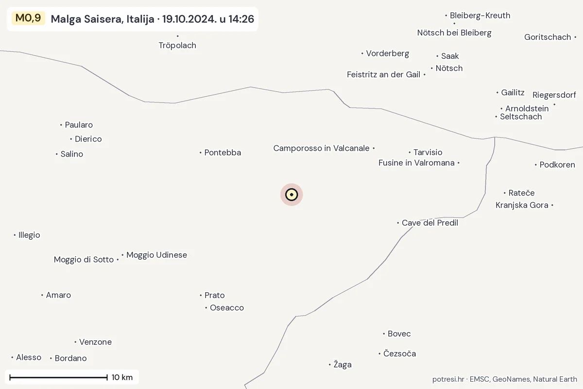 Karta: okolica epicentra, 60 km, potres M0,9, Malga Saisera, Italija, 19.10.2024.