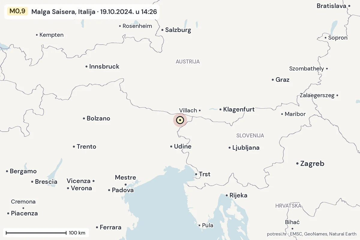 Karta: šire područje, 600 km, potres M0,9, Malga Saisera, Italija, 19.10.2024.