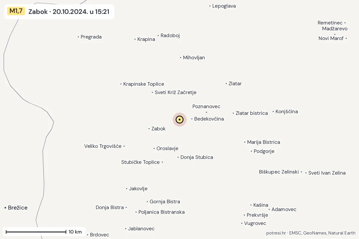 Karta: okolica epicentra, 60 km, potres M1,7, Zabok, 20.10.2024.