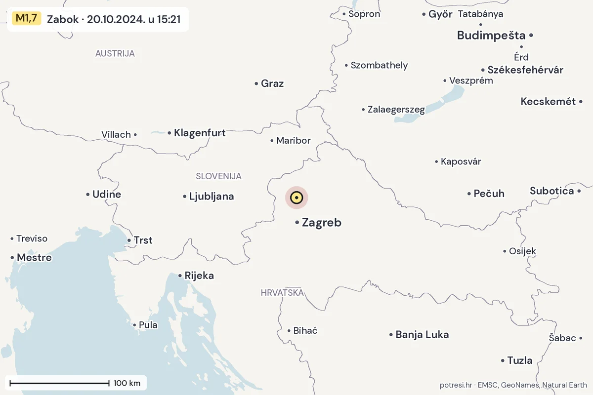 Karta: šire područje, 600 km, potres M1,7, Zabok, 20.10.2024.