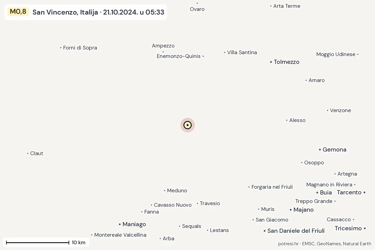 Karta: okolica epicentra, 60 km, potres M0,8, San Vincenzo, Italija, 21.10.2024.