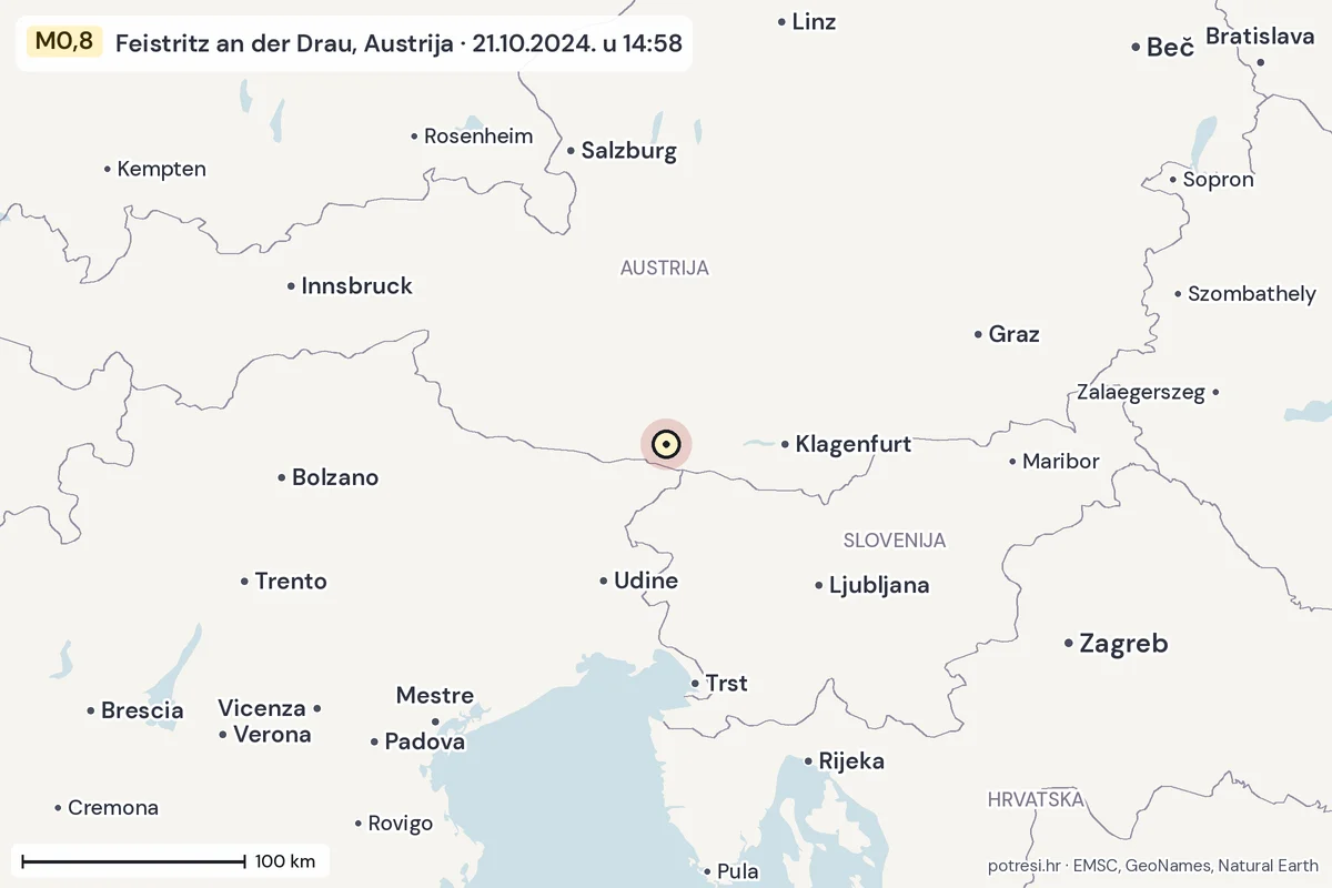 Karta: šire područje, 600 km, potres M0,8, Feistritz an der Drau, Austrija, 21.10.2024.