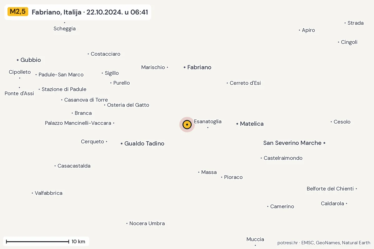 Karta: okolica epicentra, 60 km, potres M2,5, Fabriano, Italija, 22.10.2024.