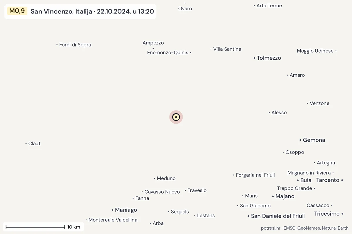 Karta: okolica epicentra, 60 km, potres M0,9, San Vincenzo, Italija, 22.10.2024.