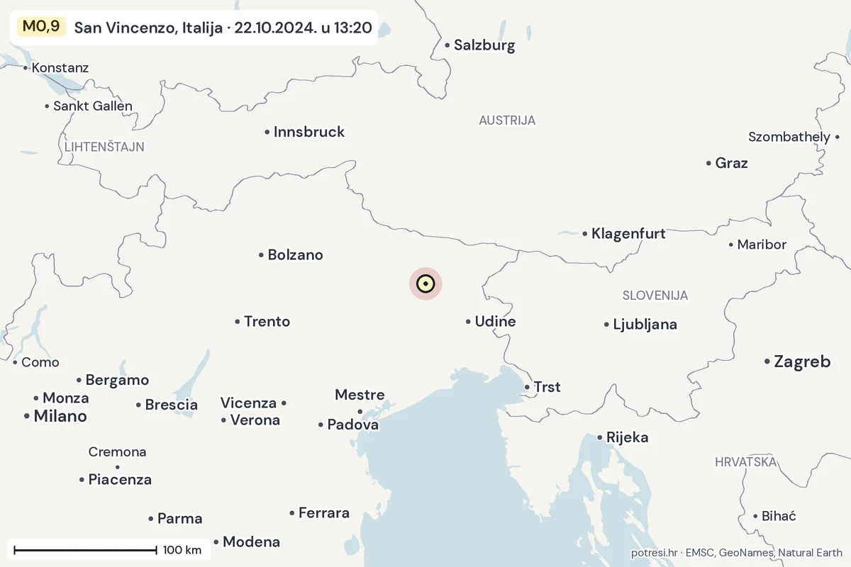 Karta: šire područje, 600 km, potres M0,9, San Vincenzo, Italija, 22.10.2024.