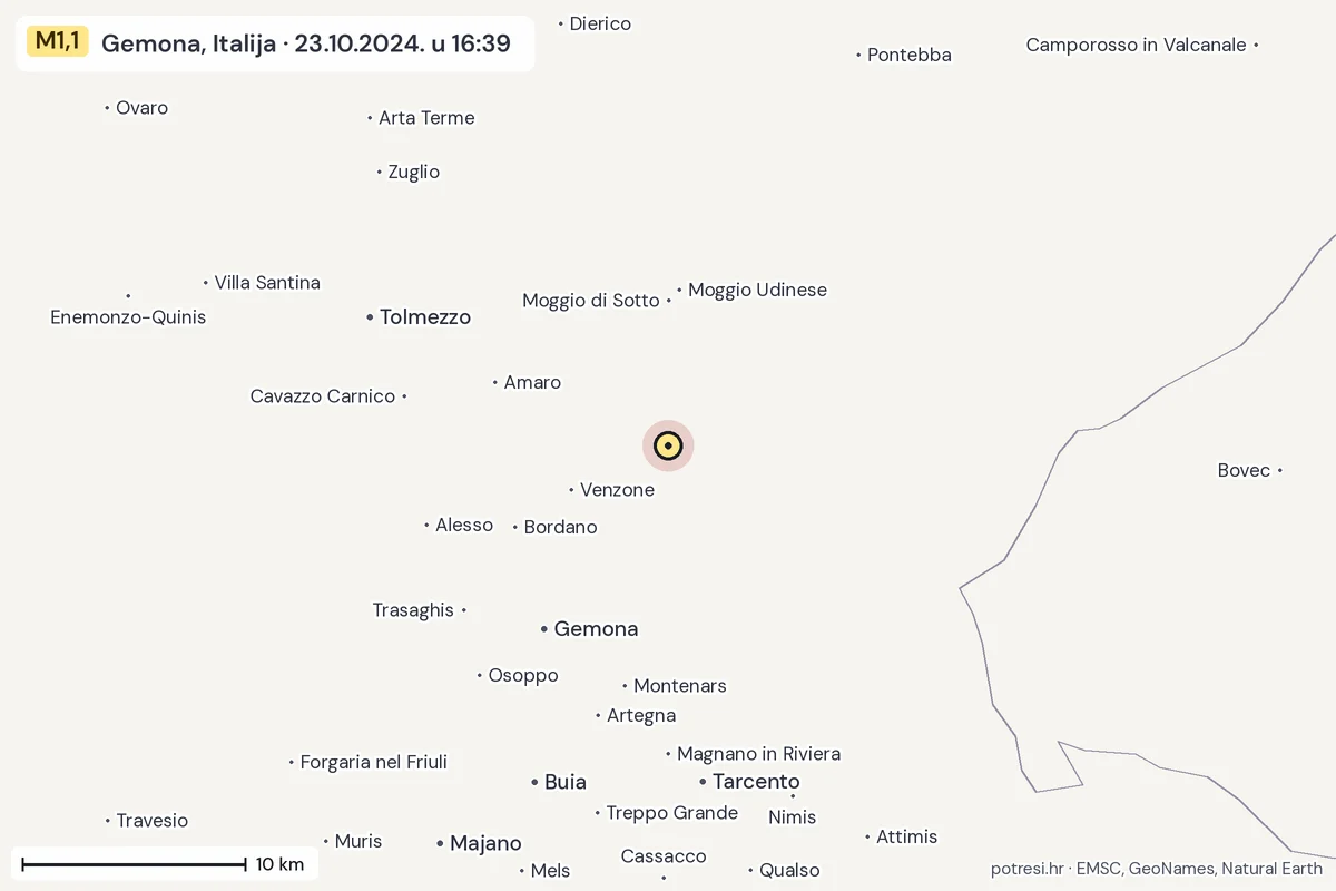Karta: okolica epicentra, 60 km, potres M1,1, Gemona, Italija, 23.10.2024.