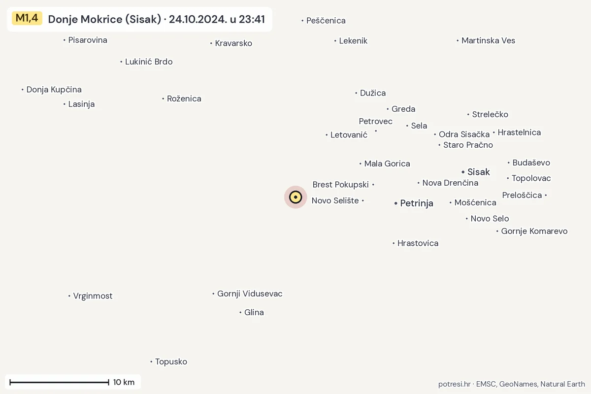 Karta: okolica epicentra, 60 km, potres M1,4, Donje Mokrice (Sisak), 24.10.2024.