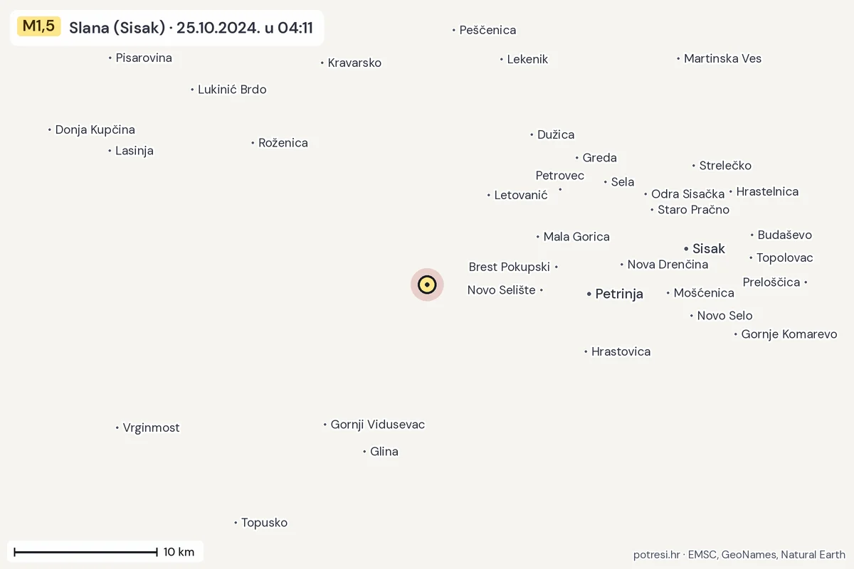 Karta: okolica epicentra, 60 km, potres M1,5, Slana (Sisak), 25.10.2024.