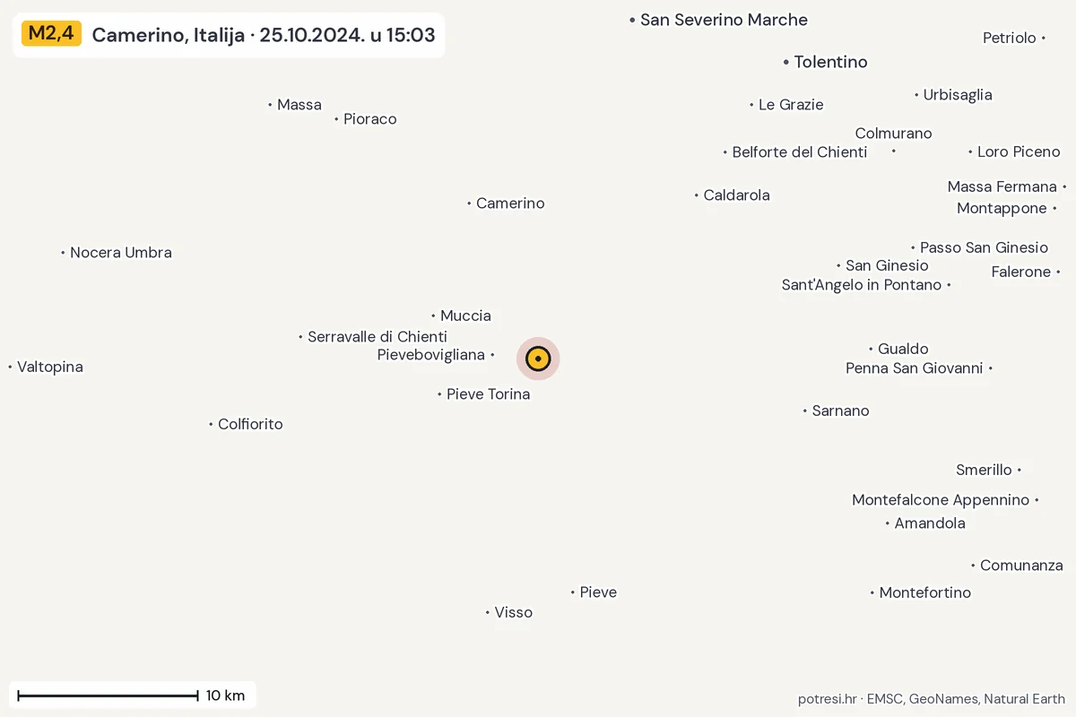 Karta: okolica epicentra, 60 km, potres M2,4, Camerino, Italija, 25.10.2024.