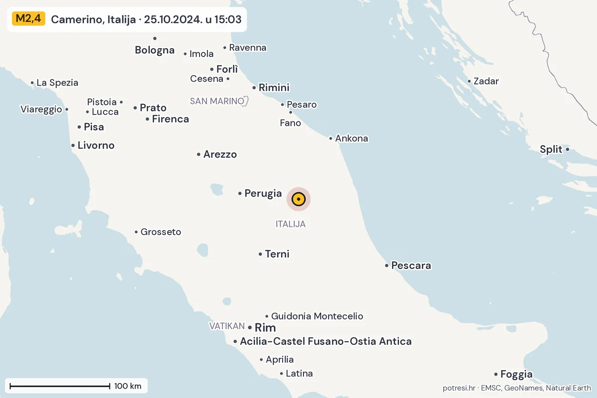 Karta: šire područje, 600 km, potres M2,4, Camerino, Italija, 25.10.2024.