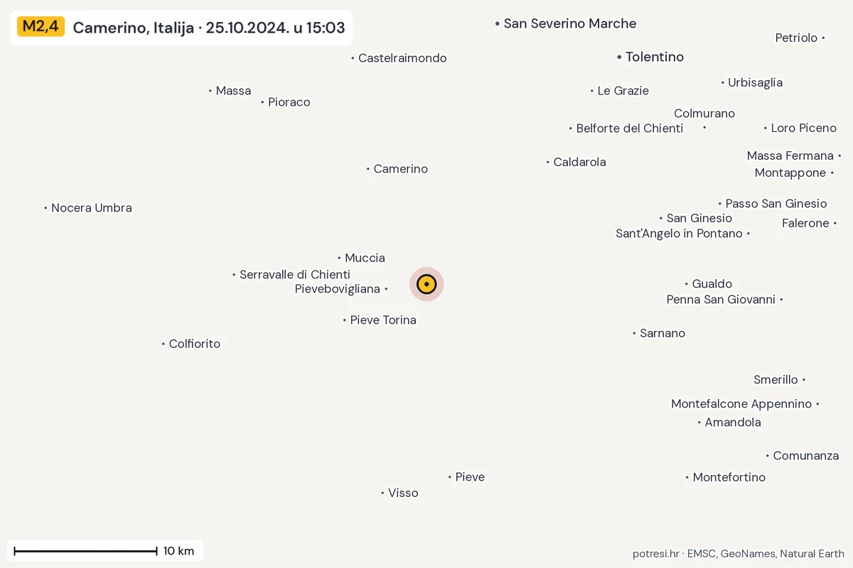 Karta: okolica epicentra, 60 km, potres M2,4, Camerino, Italija, 25.10.2024.