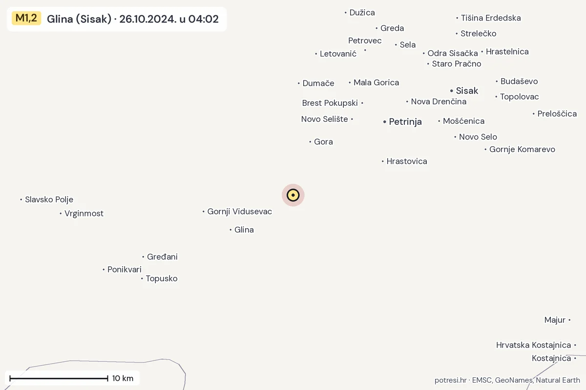 Karta: okolica epicentra, 60 km, potres M1,2, Glina (Sisak), 26.10.2024.