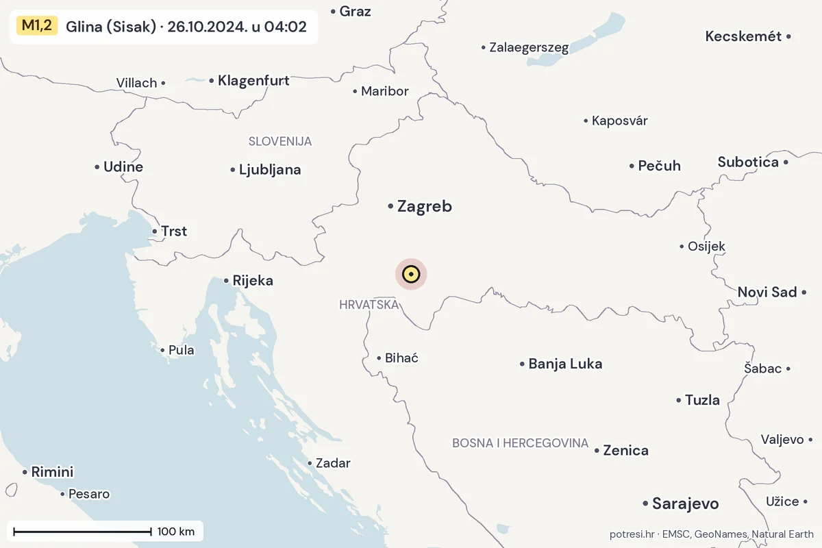 Karta: šire područje, 600 km, potres M1,2, Glina (Sisak), 26.10.2024.