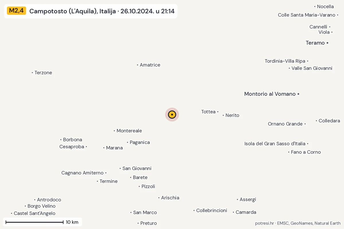 Karta: okolica epicentra, 60 km, potres M2,4, Campotosto (L'Aquila), Italija, 26.10.2024.