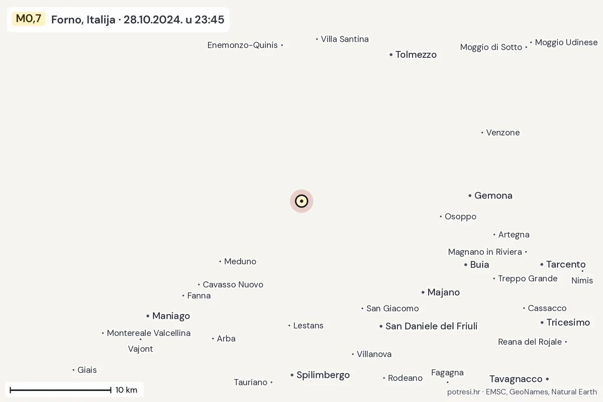 Karta: okolica epicentra, 60 km, potres M0,7, Forno, Italija, 28.10.2024.