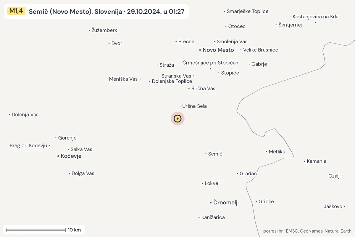 Karta: okolica epicentra, 60 km, potres M1,4, Semič (Novo Mesto), Slovenija, 29.10.2024.
