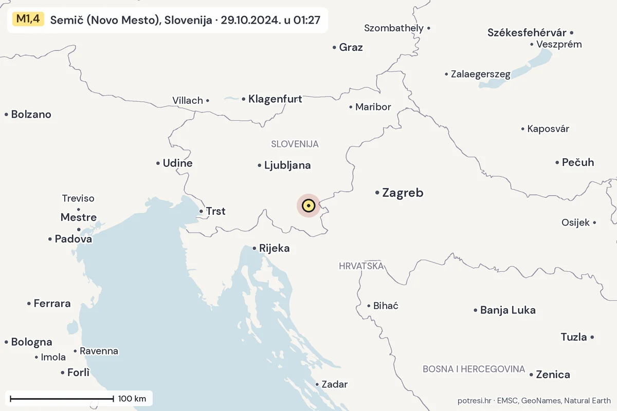 Karta: šire područje, 600 km, potres M1,4, Semič (Novo Mesto), Slovenija, 29.10.2024.