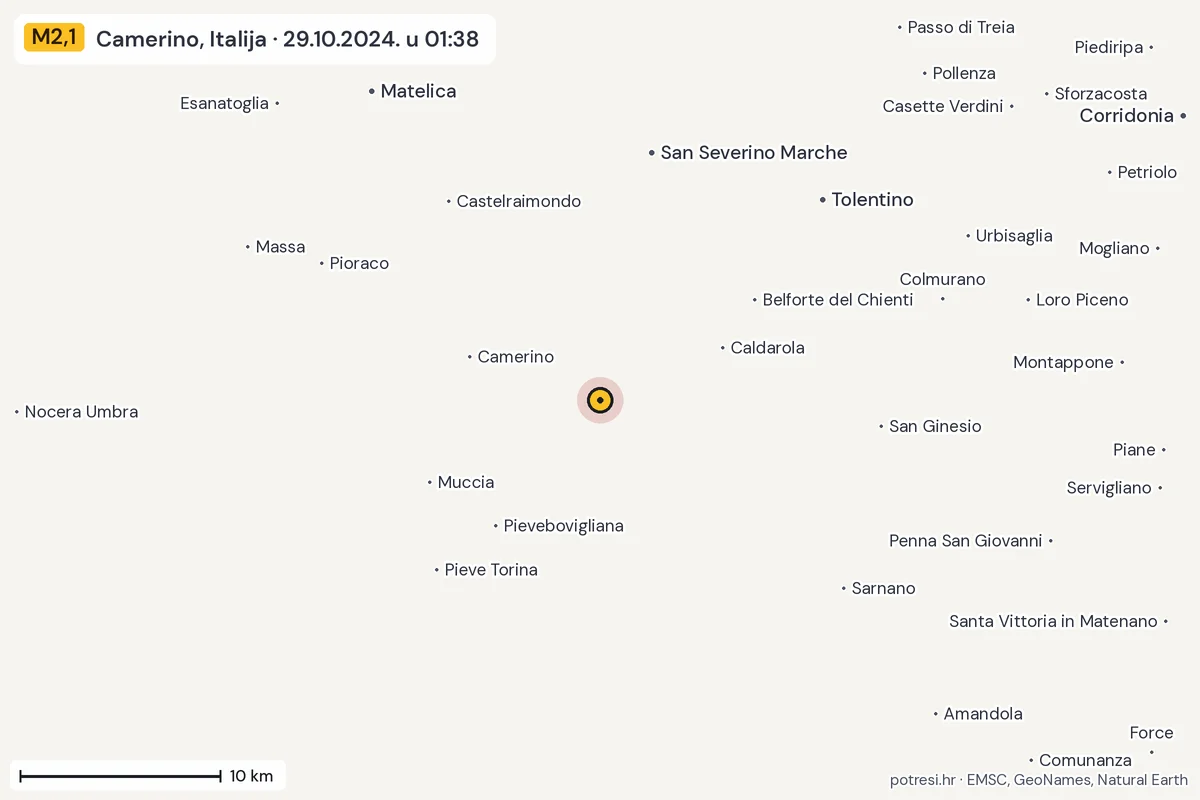 Karta: okolica epicentra, 60 km, potres M2,1, Camerino, Italija, 29.10.2024.