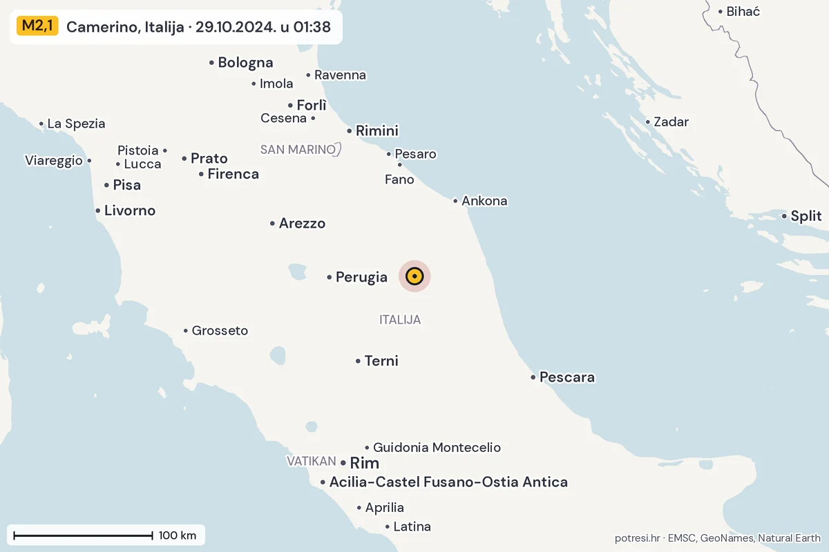 Karta: šire područje, 600 km, potres M2,1, Camerino, Italija, 29.10.2024.