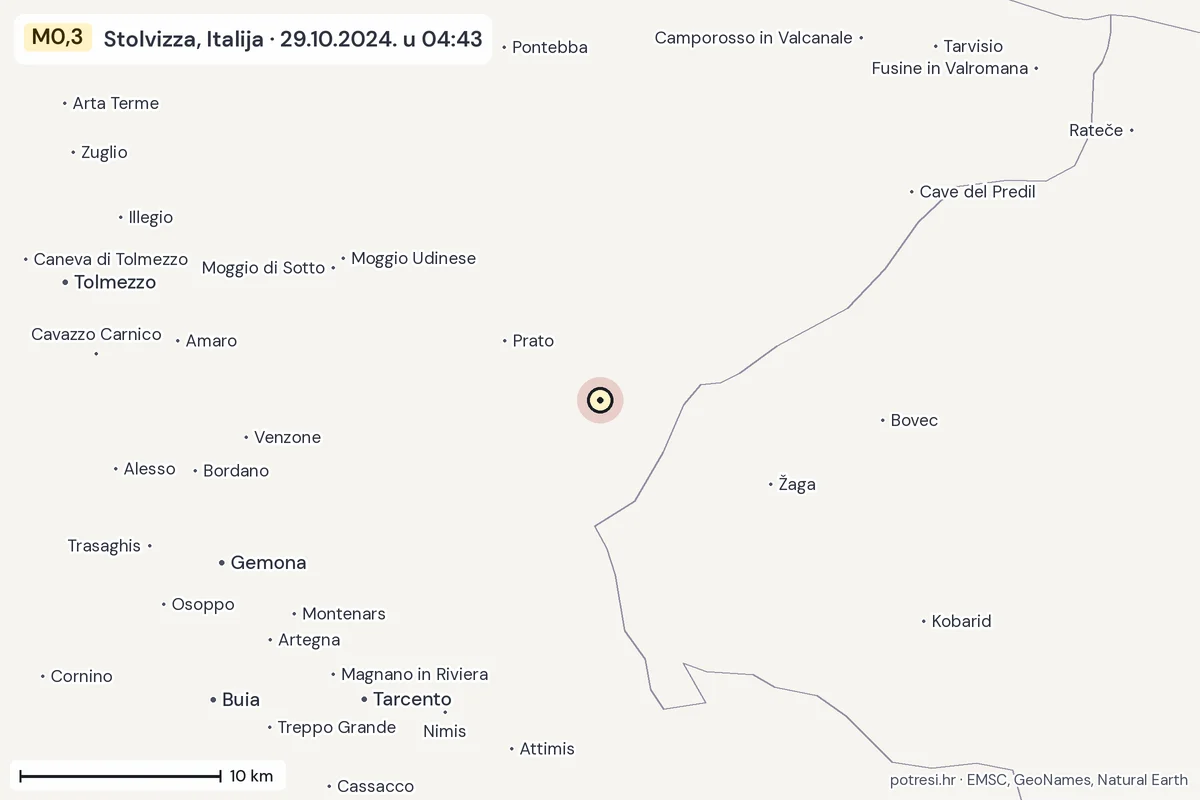 Karta: okolica epicentra, 60 km, potres M0,3, Stolvizza, Italija, 29.10.2024.