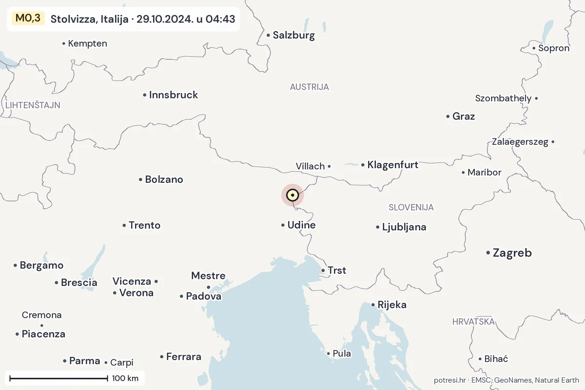 Karta: šire područje, 600 km, potres M0,3, Stolvizza, Italija, 29.10.2024.