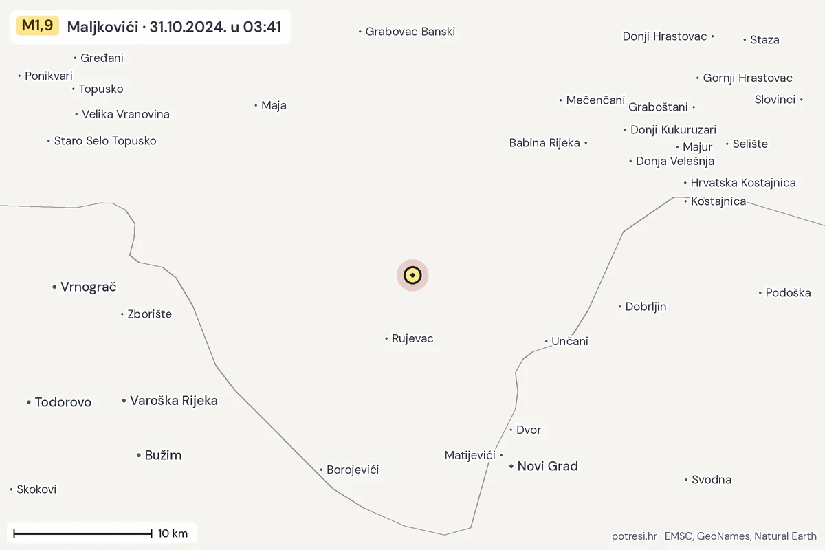 Karta: okolica epicentra, 60 km, potres M1,9, Maljkovići, 31.10.2024.