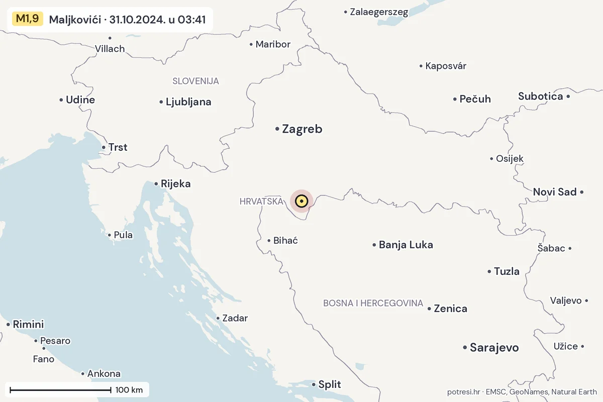 Karta: šire područje, 600 km, potres M1,9, Maljkovići, 31.10.2024.