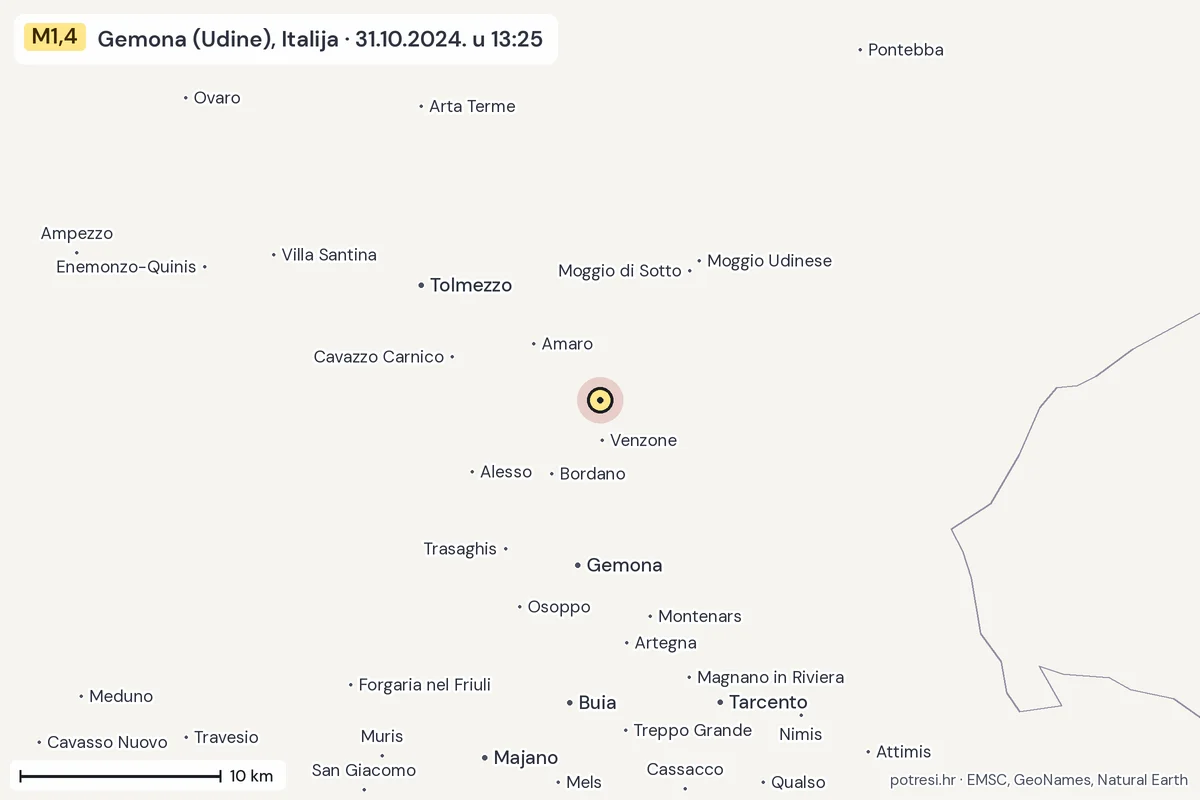 Karta: okolica epicentra, 60 km, potres M1,4, Gemona (Udine), Italija, 31.10.2024.