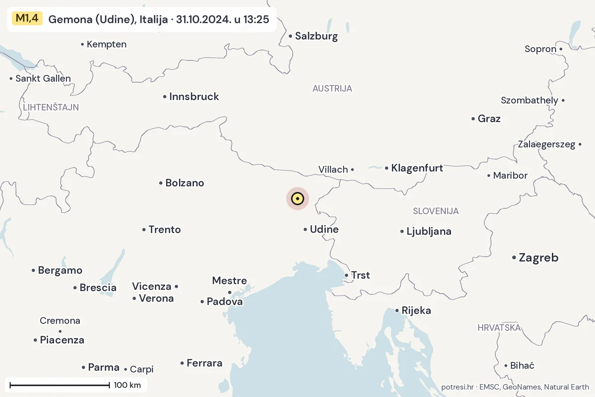 Karta: šire područje, 600 km, potres M1,4, Gemona (Udine), Italija, 31.10.2024.