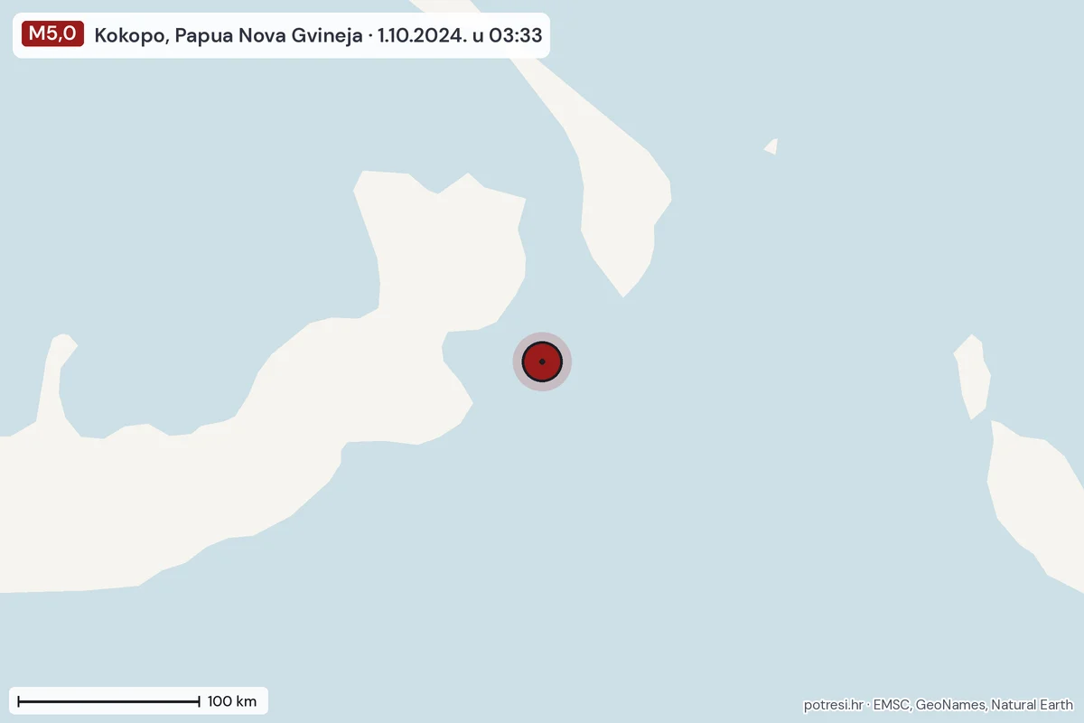 Karta: šire područje, 600 km, potres M5,0, Kokopo, Papua Nova Gvineja, 1.10.2024.