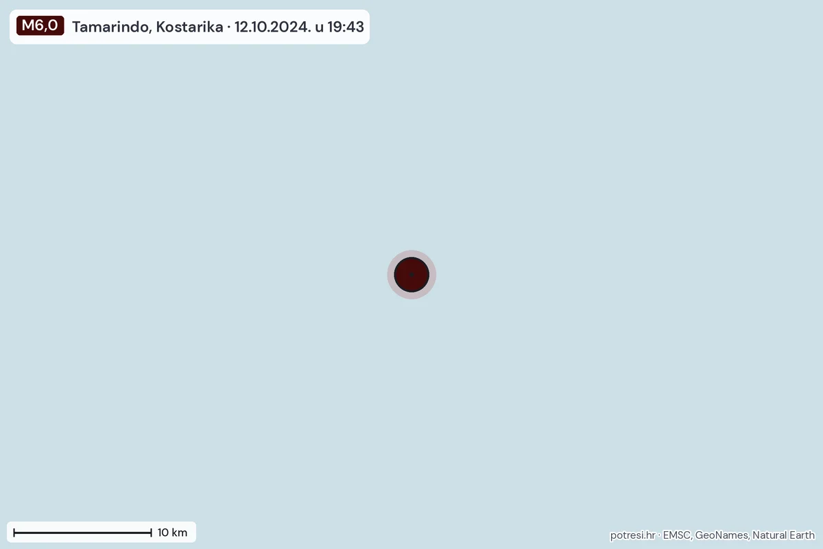 Karta: okolica epicentra, 60 km, potres M6,0, Tamarindo, Kostarika, 12.10.2024.