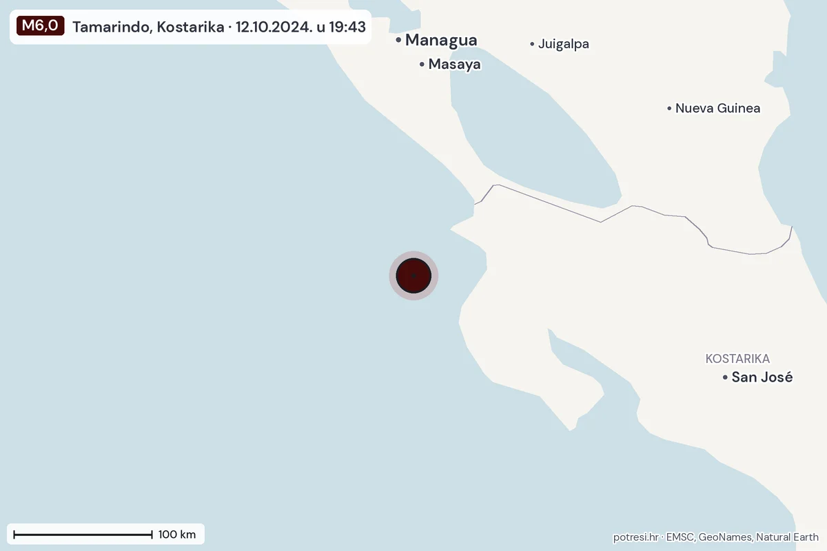 Karta: šire područje, 600 km, potres M6,0, Tamarindo, Kostarika, 12.10.2024.