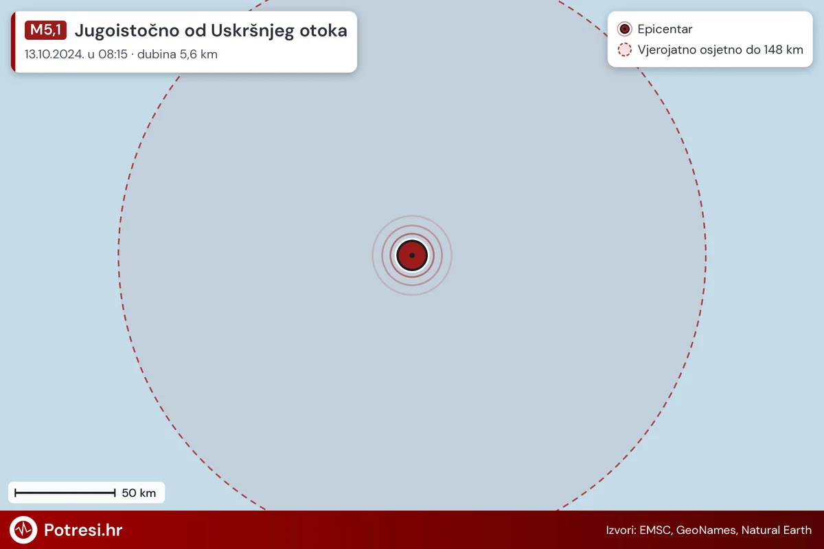 Karta: šire područje i vjerojatni doseg osjeta, potres M5,1, Jugoistočno od Uskršnjeg otoka, 13.10.2024.