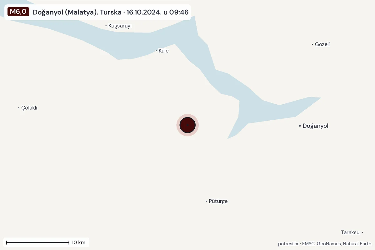 Karta: okolica epicentra, 60 km, potres M6,0, Doğanyol (Malatya), Turska, 16.10.2024.