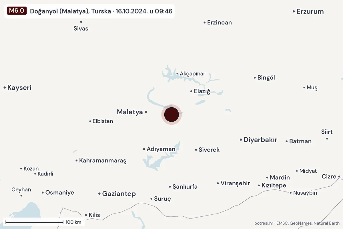 Karta: šire područje, 600 km, potres M6,0, Doğanyol (Malatya), Turska, 16.10.2024.