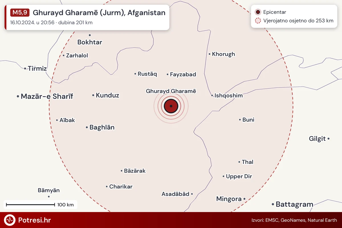 Karta: šire područje i vjerojatni doseg osjeta, potres M5,9, Ghurayd Gharamē (Jurm), Afganistan, 16.10.2024.