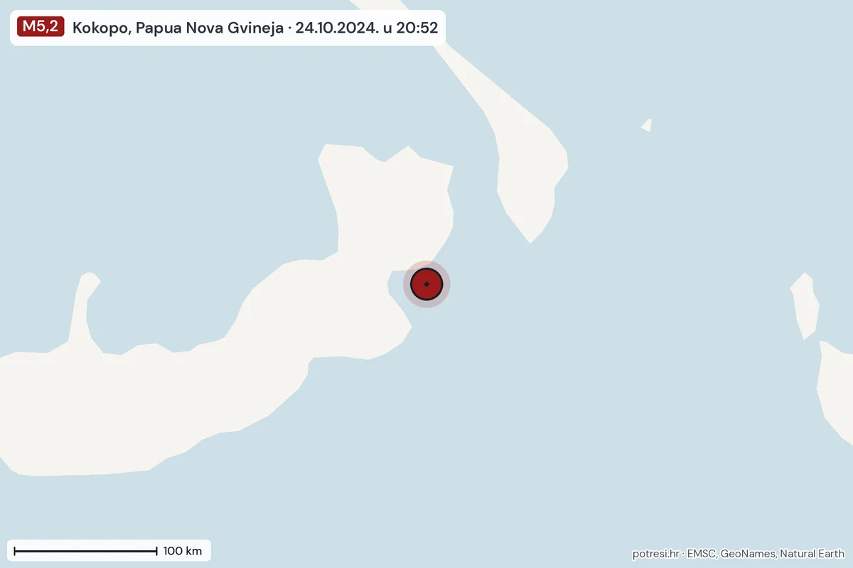 Karta: šire područje, 600 km, potres M5,2, Kokopo, Papua Nova Gvineja, 24.10.2024.